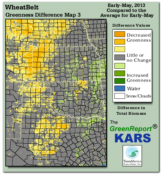 Color-coded Wheat Belt vegetation greeness index map for Period 19 of 2013, illustrating spatial variations in plant vigor, with greener tones indicating higher biomass and browner tones indicating stressed vegetation,
              comparing current crop/vegetation change in biomass to the 20-year greenness average.