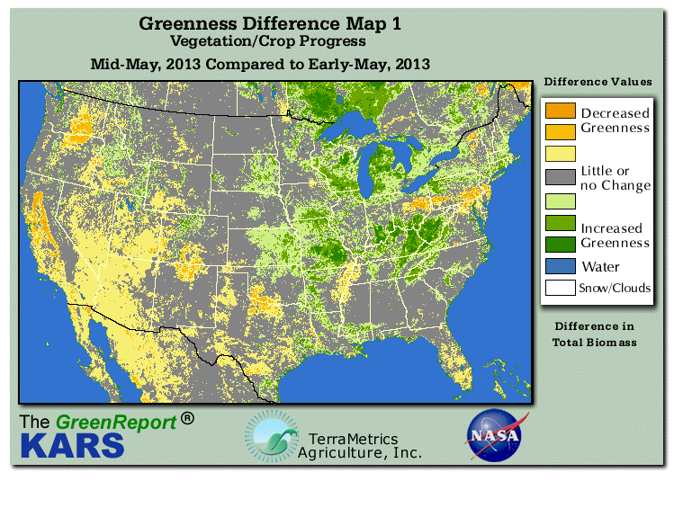 Color-coded U.S. vegetation greeness index map for Period 20 of 2013, illustrating spatial variations in plant vigor, with greener tones indicating higher biomass and browner tones indicating stressed vegetation,
              comparing current crop/vegetation change in biomass to the previous week within the same year.