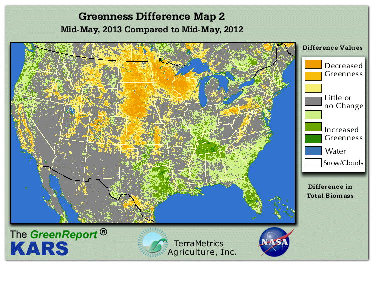 Color-coded U.S. vegetation greeness index map for Period 20 of 2013, illustrating spatial variations in plant vigor, with greener tones indicating higher biomass and browner tones indicating stressed vegetation,
              comparing current crop/vegetation change in biomass to same period from the previous year.