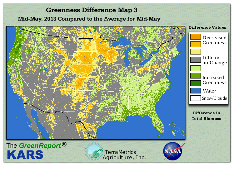 Color-coded U.S. vegetation greeness index map for Period 20 of 2013, illustrating spatial variations in plant vigor, with greener tones indicating higher biomass and browner tones indicating stressed vegetation,
              comparing current crop/vegetation change in biomass to the 20-year greenness average.