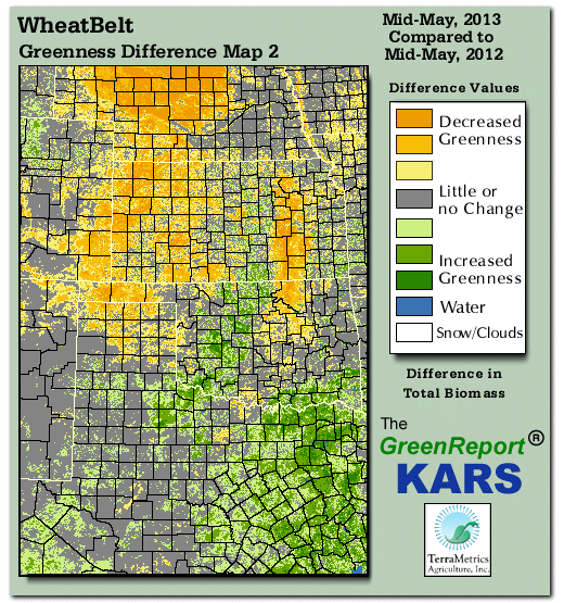 Color-coded Wheat Belt vegetation greeness index map for Period 20 of 2013, illustrating spatial variations in plant vigor, with greener tones indicating higher biomass and browner tones indicating stressed vegetation,
              comparing current crop/vegetation change in biomass to same period from the previous year.