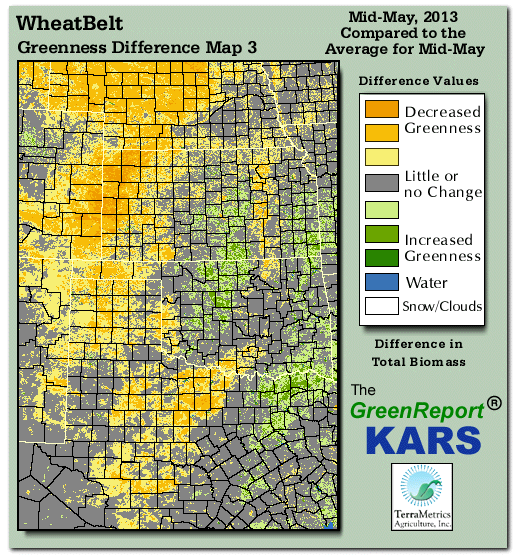 Color-coded Wheat Belt vegetation greeness index map for Period 20 of 2013, illustrating spatial variations in plant vigor, with greener tones indicating higher biomass and browner tones indicating stressed vegetation,
              comparing current crop/vegetation change in biomass to the 20-year greenness average.