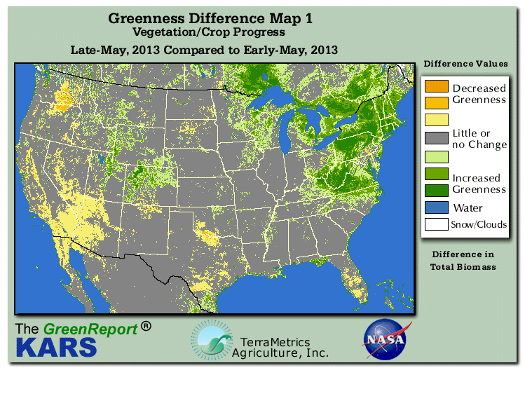 Color-coded U.S. vegetation greeness index map for Period 21 of 2013, illustrating spatial variations in plant vigor, with greener tones indicating higher biomass and browner tones indicating stressed vegetation,
              comparing current crop/vegetation change in biomass to the previous week within the same year.