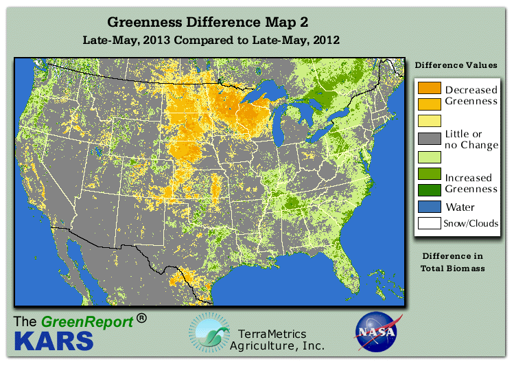 Color-coded U.S. vegetation greeness index map for Period 21 of 2013, illustrating spatial variations in plant vigor, with greener tones indicating higher biomass and browner tones indicating stressed vegetation,
              comparing current crop/vegetation change in biomass to same period from the previous year.