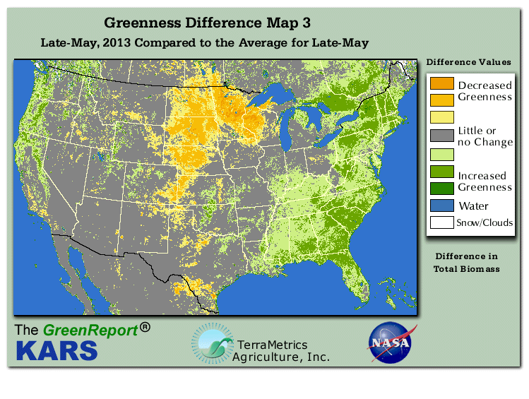Color-coded U.S. vegetation greeness index map for Period 21 of 2013, illustrating spatial variations in plant vigor, with greener tones indicating higher biomass and browner tones indicating stressed vegetation,
              comparing current crop/vegetation change in biomass to the 20-year greenness average.