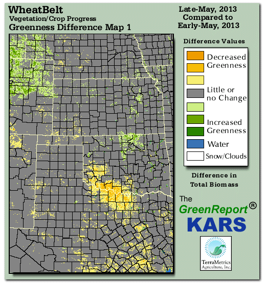 Color-coded Wheat Belt vegetation greeness index map for Period 21 of 2013, illustrating spatial variations in plant vigor, with greener tones indicating higher biomass and browner tones indicating stressed vegetation,
              comparing current crop/vegetation change in biomass to the previous week within the same year.