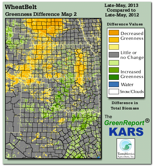 Color-coded Wheat Belt vegetation greeness index map for Period 21 of 2013, illustrating spatial variations in plant vigor, with greener tones indicating higher biomass and browner tones indicating stressed vegetation,
              comparing current crop/vegetation change in biomass to same period from the previous year.