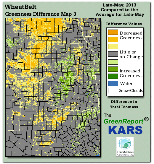 Color-coded Wheat Belt vegetation greeness index map for Period 21 of 2013, illustrating spatial variations in plant vigor, with greener tones indicating higher biomass and browner tones indicating stressed vegetation,
              comparing current crop/vegetation change in biomass to the 20-year greenness average.
