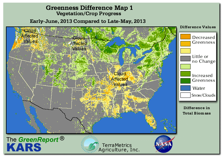 Color-coded U.S. vegetation greeness index map for Period 22 of 2013, illustrating spatial variations in plant vigor, with greener tones indicating higher biomass and browner tones indicating stressed vegetation,
              comparing current crop/vegetation change in biomass to the previous week within the same year.