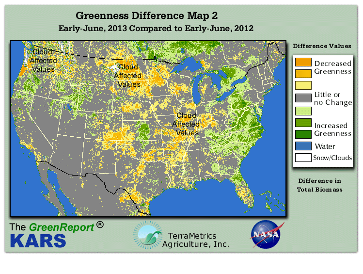 Color-coded U.S. vegetation greeness index map for Period 22 of 2013, illustrating spatial variations in plant vigor, with greener tones indicating higher biomass and browner tones indicating stressed vegetation,
              comparing current crop/vegetation change in biomass to same period from the previous year.