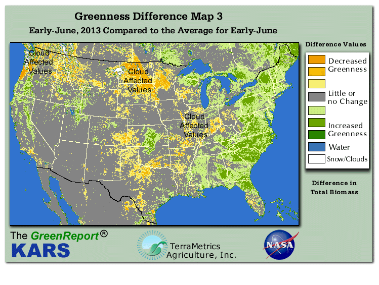 Color-coded U.S. vegetation greeness index map for Period 22 of 2013, illustrating spatial variations in plant vigor, with greener tones indicating higher biomass and browner tones indicating stressed vegetation,
              comparing current crop/vegetation change in biomass to the 20-year greenness average.