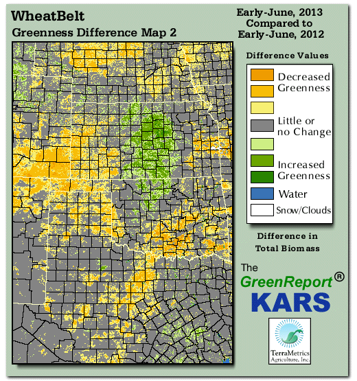 Color-coded Wheat Belt vegetation greeness index map for Period 22 of 2013, illustrating spatial variations in plant vigor, with greener tones indicating higher biomass and browner tones indicating stressed vegetation,
              comparing current crop/vegetation change in biomass to same period from the previous year.
