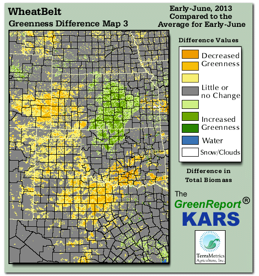 Color-coded Wheat Belt vegetation greeness index map for Period 22 of 2013, illustrating spatial variations in plant vigor, with greener tones indicating higher biomass and browner tones indicating stressed vegetation,
              comparing current crop/vegetation change in biomass to the 20-year greenness average.