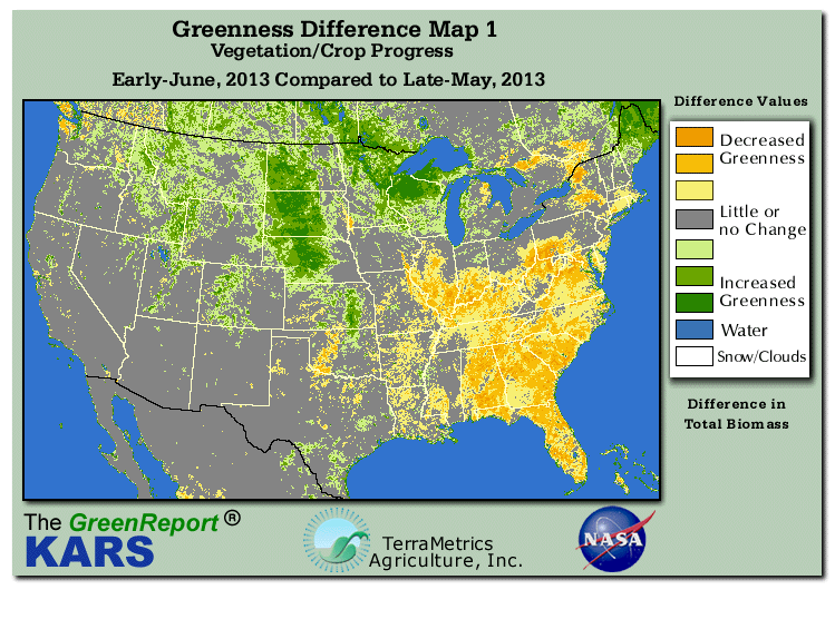 Color-coded U.S. vegetation greeness index map for Period 23 of 2013, illustrating spatial variations in plant vigor, with greener tones indicating higher biomass and browner tones indicating stressed vegetation,
              comparing current crop/vegetation change in biomass to the previous week within the same year.