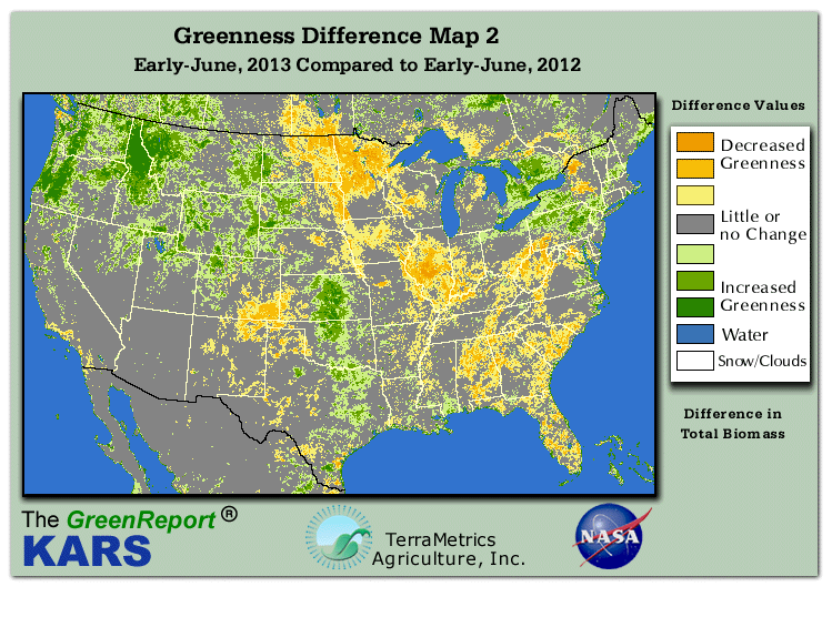 Color-coded U.S. vegetation greeness index map for Period 23 of 2013, illustrating spatial variations in plant vigor, with greener tones indicating higher biomass and browner tones indicating stressed vegetation,
              comparing current crop/vegetation change in biomass to same period from the previous year.