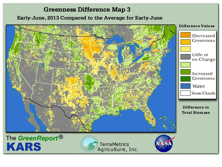 Color-coded U.S. vegetation greeness index map for Period 23 of 2013, illustrating spatial variations in plant vigor, with greener tones indicating higher biomass and browner tones indicating stressed vegetation,
              comparing current crop/vegetation change in biomass to the 20-year greenness average.