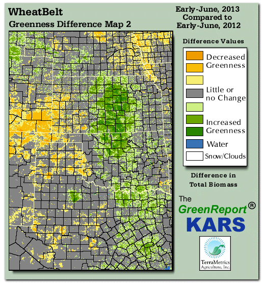 Color-coded Wheat Belt vegetation greeness index map for Period 23 of 2013, illustrating spatial variations in plant vigor, with greener tones indicating higher biomass and browner tones indicating stressed vegetation,
              comparing current crop/vegetation change in biomass to same period from the previous year.