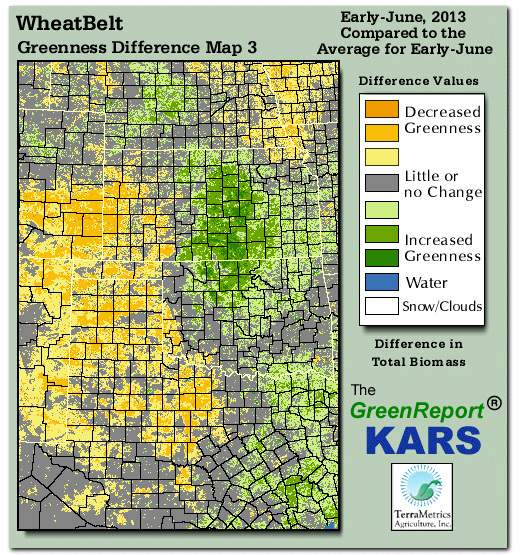 Color-coded Wheat Belt vegetation greeness index map for Period 23 of 2013, illustrating spatial variations in plant vigor, with greener tones indicating higher biomass and browner tones indicating stressed vegetation,
              comparing current crop/vegetation change in biomass to the 20-year greenness average.