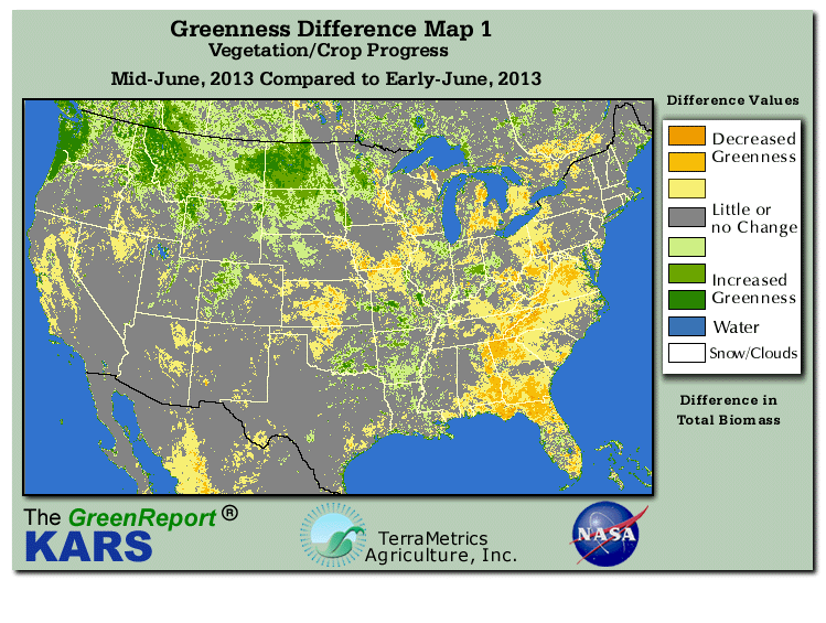 Color-coded U.S. vegetation greeness index map for Period 24 of 2013, illustrating spatial variations in plant vigor, with greener tones indicating higher biomass and browner tones indicating stressed vegetation,
              comparing current crop/vegetation change in biomass to the previous week within the same year.