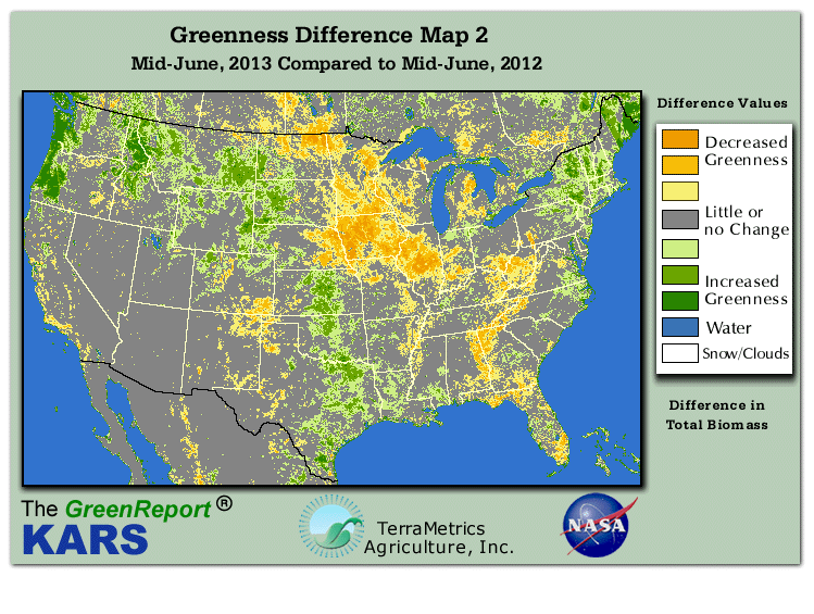 Color-coded U.S. vegetation greeness index map for Period 24 of 2013, illustrating spatial variations in plant vigor, with greener tones indicating higher biomass and browner tones indicating stressed vegetation,
              comparing current crop/vegetation change in biomass to same period from the previous year.
