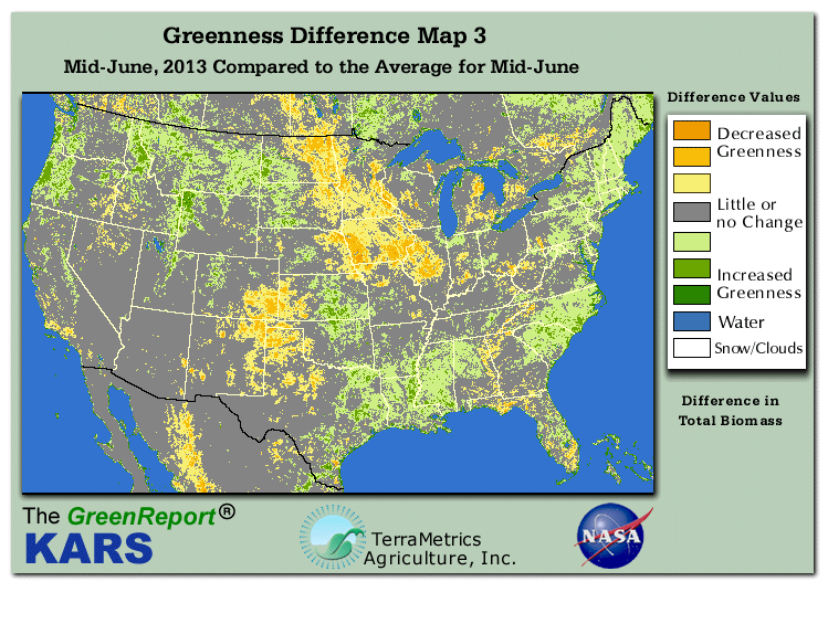 Color-coded U.S. vegetation greeness index map for Period 24 of 2013, illustrating spatial variations in plant vigor, with greener tones indicating higher biomass and browner tones indicating stressed vegetation,
              comparing current crop/vegetation change in biomass to the 20-year greenness average.