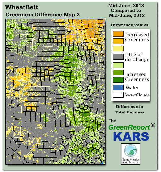 Color-coded Wheat Belt vegetation greeness index map for Period 24 of 2013, illustrating spatial variations in plant vigor, with greener tones indicating higher biomass and browner tones indicating stressed vegetation,
              comparing current crop/vegetation change in biomass to same period from the previous year.