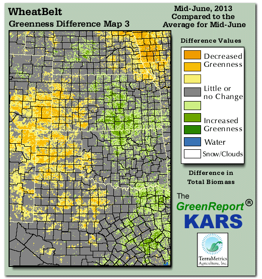 Color-coded Wheat Belt vegetation greeness index map for Period 24 of 2013, illustrating spatial variations in plant vigor, with greener tones indicating higher biomass and browner tones indicating stressed vegetation,
              comparing current crop/vegetation change in biomass to the 20-year greenness average.