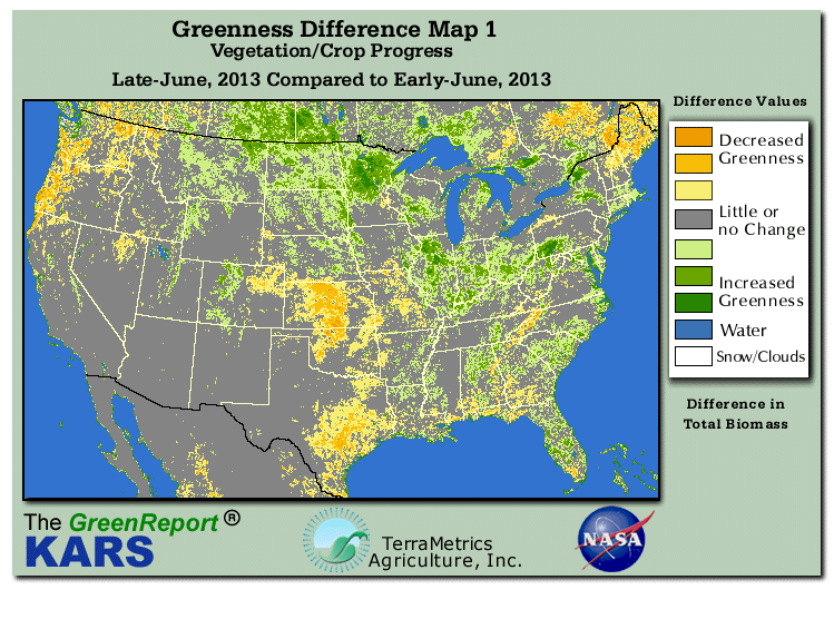 Color-coded U.S. vegetation greeness index map for Period 25 of 2013, illustrating spatial variations in plant vigor, with greener tones indicating higher biomass and browner tones indicating stressed vegetation,
              comparing current crop/vegetation change in biomass to the previous week within the same year.