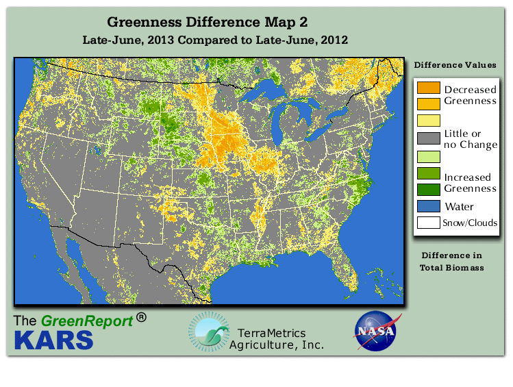 Color-coded U.S. vegetation greeness index map for Period 25 of 2013, illustrating spatial variations in plant vigor, with greener tones indicating higher biomass and browner tones indicating stressed vegetation,
              comparing current crop/vegetation change in biomass to same period from the previous year.