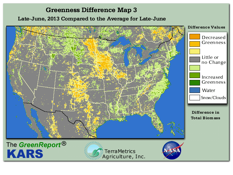 Color-coded U.S. vegetation greeness index map for Period 25 of 2013, illustrating spatial variations in plant vigor, with greener tones indicating higher biomass and browner tones indicating stressed vegetation,
              comparing current crop/vegetation change in biomass to the 20-year greenness average.
