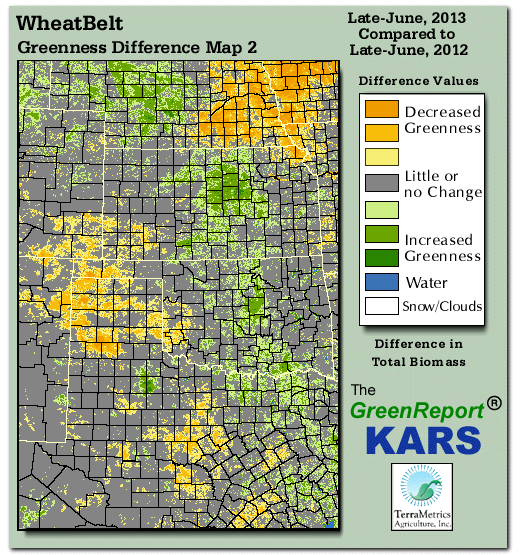 Color-coded Wheat Belt vegetation greeness index map for Period 25 of 2013, illustrating spatial variations in plant vigor, with greener tones indicating higher biomass and browner tones indicating stressed vegetation,
              comparing current crop/vegetation change in biomass to same period from the previous year.