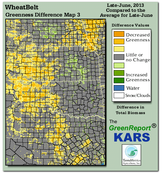 Color-coded Wheat Belt vegetation greeness index map for Period 25 of 2013, illustrating spatial variations in plant vigor, with greener tones indicating higher biomass and browner tones indicating stressed vegetation,
              comparing current crop/vegetation change in biomass to the 20-year greenness average.