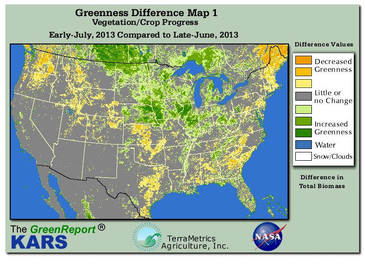 Color-coded U.S. vegetation greeness index map for Period 26 of 2013, illustrating spatial variations in plant vigor, with greener tones indicating higher biomass and browner tones indicating stressed vegetation,
              comparing current crop/vegetation change in biomass to the previous week within the same year.