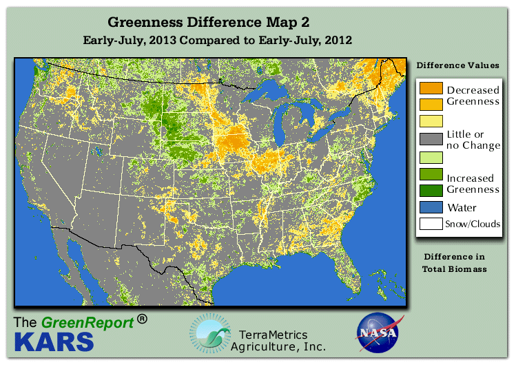 Color-coded U.S. vegetation greeness index map for Period 26 of 2013, illustrating spatial variations in plant vigor, with greener tones indicating higher biomass and browner tones indicating stressed vegetation,
              comparing current crop/vegetation change in biomass to same period from the previous year.
