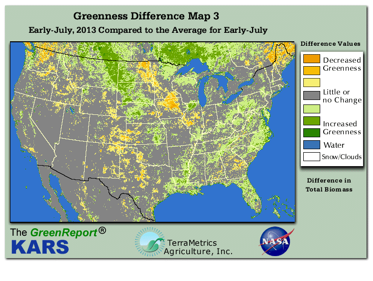 Color-coded U.S. vegetation greeness index map for Period 26 of 2013, illustrating spatial variations in plant vigor, with greener tones indicating higher biomass and browner tones indicating stressed vegetation,
              comparing current crop/vegetation change in biomass to the 20-year greenness average.