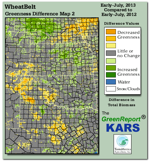 Color-coded Wheat Belt vegetation greeness index map for Period 26 of 2013, illustrating spatial variations in plant vigor, with greener tones indicating higher biomass and browner tones indicating stressed vegetation,
              comparing current crop/vegetation change in biomass to same period from the previous year.