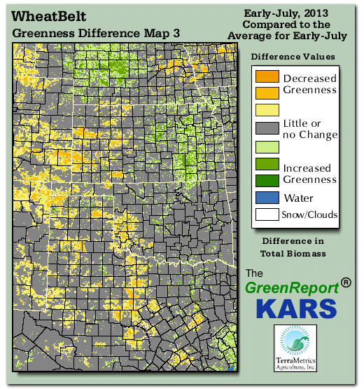 Color-coded Wheat Belt vegetation greeness index map for Period 26 of 2013, illustrating spatial variations in plant vigor, with greener tones indicating higher biomass and browner tones indicating stressed vegetation,
              comparing current crop/vegetation change in biomass to the 20-year greenness average.