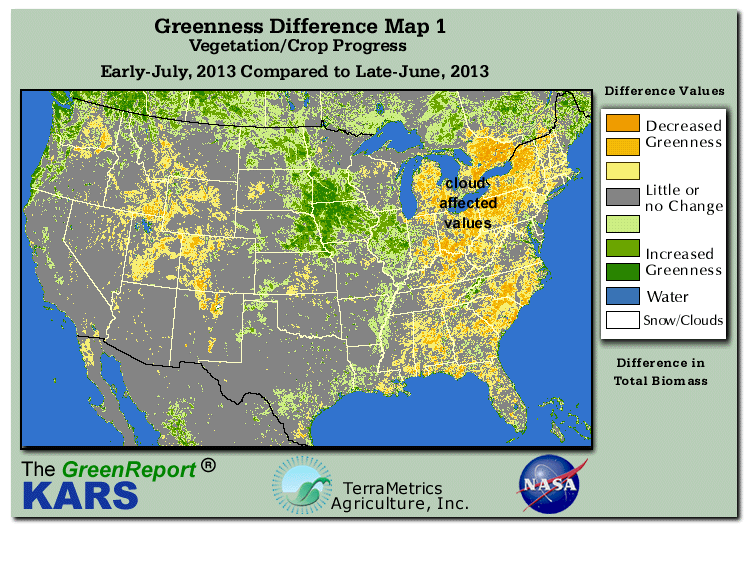 Color-coded U.S. vegetation greeness index map for Period 27 of 2013, illustrating spatial variations in plant vigor, with greener tones indicating higher biomass and browner tones indicating stressed vegetation,
              comparing current crop/vegetation change in biomass to the previous week within the same year.