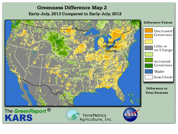 Color-coded U.S. vegetation greeness index map for Period 27 of 2013, illustrating spatial variations in plant vigor, with greener tones indicating higher biomass and browner tones indicating stressed vegetation,
              comparing current crop/vegetation change in biomass to same period from the previous year.