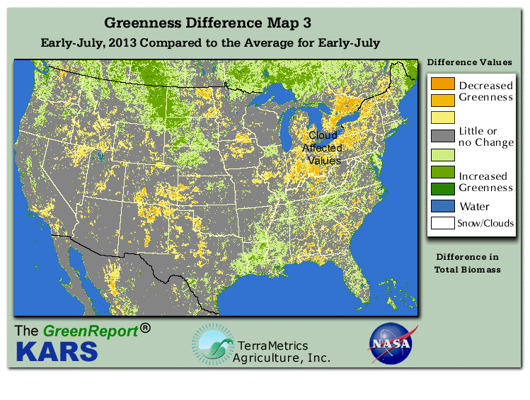 Color-coded U.S. vegetation greeness index map for Period 27 of 2013, illustrating spatial variations in plant vigor, with greener tones indicating higher biomass and browner tones indicating stressed vegetation,
              comparing current crop/vegetation change in biomass to the 20-year greenness average.
