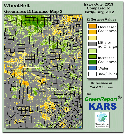 Color-coded Wheat Belt vegetation greeness index map for Period 27 of 2013, illustrating spatial variations in plant vigor, with greener tones indicating higher biomass and browner tones indicating stressed vegetation,
              comparing current crop/vegetation change in biomass to same period from the previous year.
