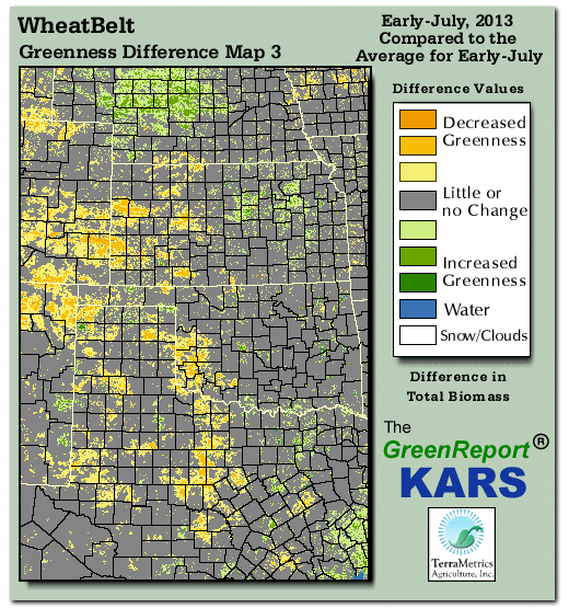 Color-coded Wheat Belt vegetation greeness index map for Period 27 of 2013, illustrating spatial variations in plant vigor, with greener tones indicating higher biomass and browner tones indicating stressed vegetation,
              comparing current crop/vegetation change in biomass to the 20-year greenness average.