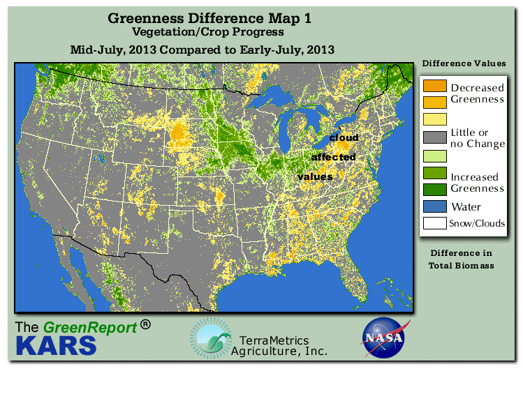 Color-coded U.S. vegetation greeness index map for Period 28 of 2013, illustrating spatial variations in plant vigor, with greener tones indicating higher biomass and browner tones indicating stressed vegetation,
              comparing current crop/vegetation change in biomass to the previous week within the same year.
