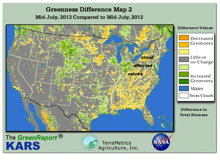 Color-coded U.S. vegetation greeness index map for Period 28 of 2013, illustrating spatial variations in plant vigor, with greener tones indicating higher biomass and browner tones indicating stressed vegetation,
              comparing current crop/vegetation change in biomass to same period from the previous year.