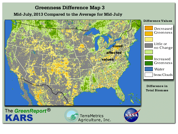 Color-coded U.S. vegetation greeness index map for Period 28 of 2013, illustrating spatial variations in plant vigor, with greener tones indicating higher biomass and browner tones indicating stressed vegetation,
              comparing current crop/vegetation change in biomass to the 20-year greenness average.