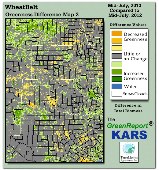 Color-coded Wheat Belt vegetation greeness index map for Period 28 of 2013, illustrating spatial variations in plant vigor, with greener tones indicating higher biomass and browner tones indicating stressed vegetation,
              comparing current crop/vegetation change in biomass to same period from the previous year.