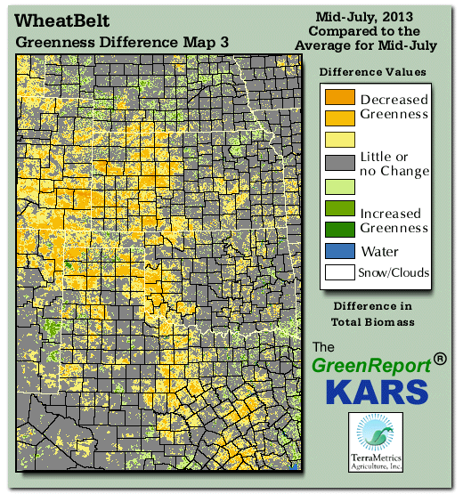 Color-coded Wheat Belt vegetation greeness index map for Period 28 of 2013, illustrating spatial variations in plant vigor, with greener tones indicating higher biomass and browner tones indicating stressed vegetation,
              comparing current crop/vegetation change in biomass to the 20-year greenness average.