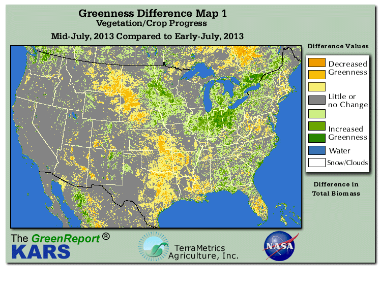 Color-coded U.S. vegetation greeness index map for Period 29 of 2013, illustrating spatial variations in plant vigor, with greener tones indicating higher biomass and browner tones indicating stressed vegetation,
              comparing current crop/vegetation change in biomass to the previous week within the same year.