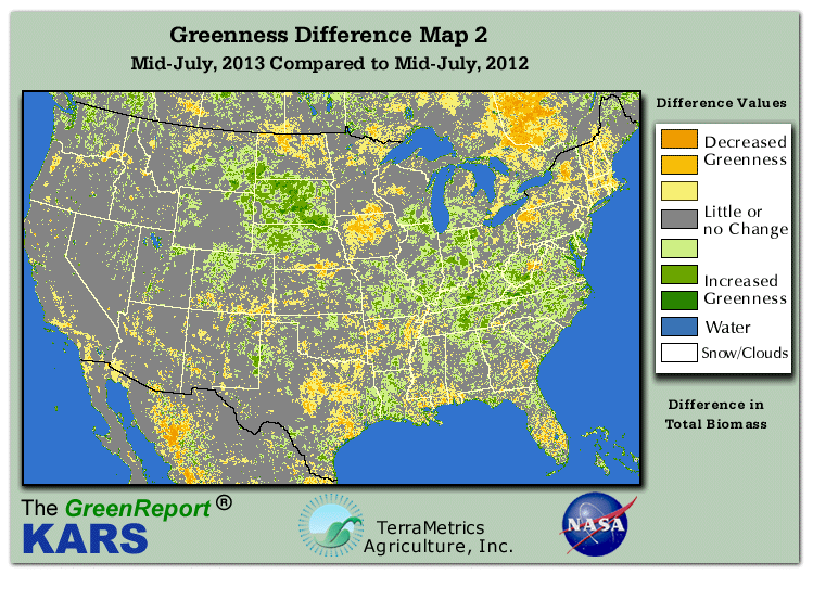 Color-coded U.S. vegetation greeness index map for Period 29 of 2013, illustrating spatial variations in plant vigor, with greener tones indicating higher biomass and browner tones indicating stressed vegetation,
              comparing current crop/vegetation change in biomass to same period from the previous year.