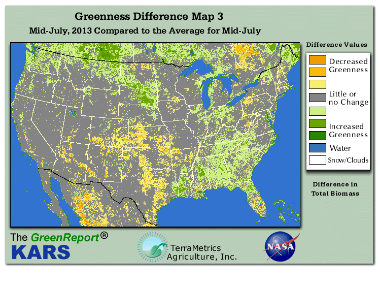 Color-coded U.S. vegetation greeness index map for Period 29 of 2013, illustrating spatial variations in plant vigor, with greener tones indicating higher biomass and browner tones indicating stressed vegetation,
              comparing current crop/vegetation change in biomass to the 20-year greenness average.